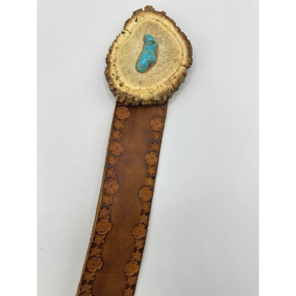 Vintage Tooled Leather Belt Antler Buckle Turquoise Inlay Western Brown Floral - Picture 8 of 8